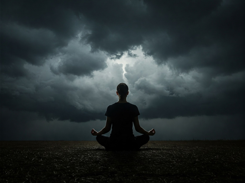 Meditierende vor gewittrigem Himmel