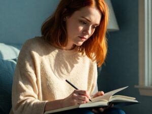 Frau schreibt in Tagebuch