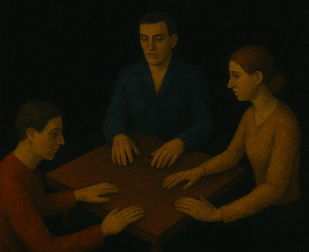 Gemälde mit drei Personen mit den Händen auf einem Tisch